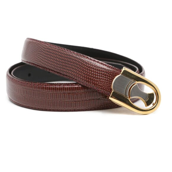 Lizard Embossed Leather Belt Brown Reptile Gold Silver Buckle Push Pin Closure - Picture 1 of 10